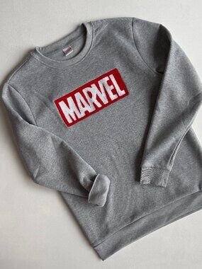 Marvel Crewneck Sweatshirt Grey Chenille Box Logo Pullover Small